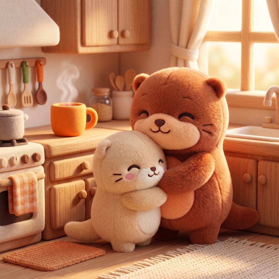 Morning hug in the kitchen